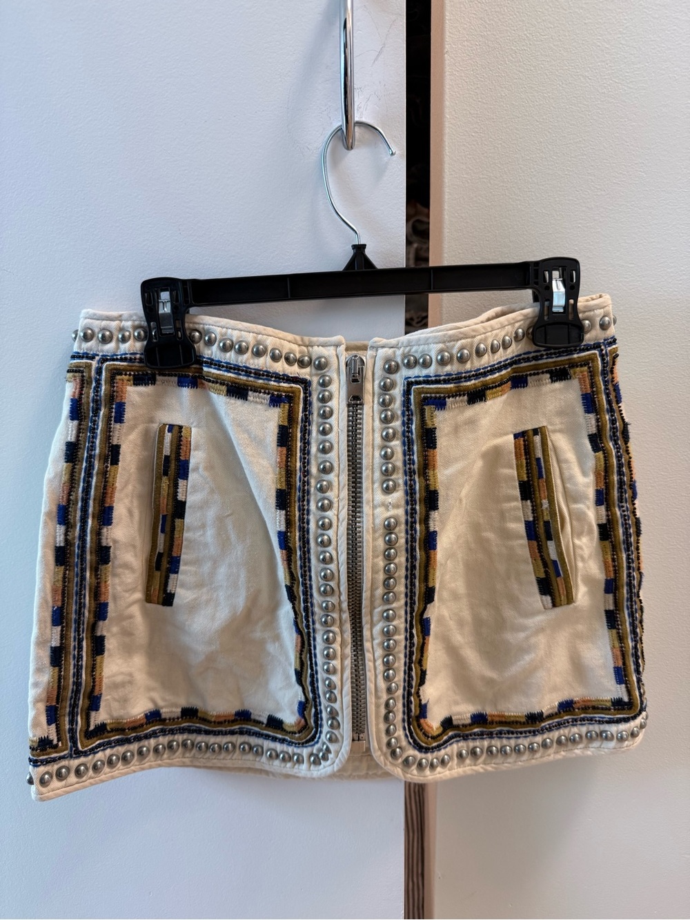 Isabel Marant White Embellished Mini Skirt with Blue & Gold Trim
